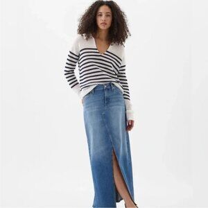 GAP Denim Maxi Skirt A-Line Medium Wash Raw Hem